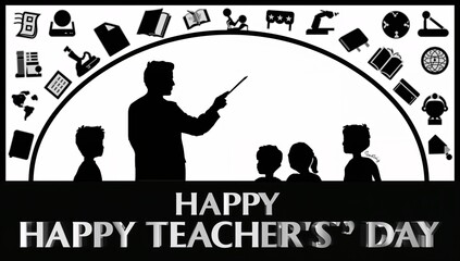 Teacher with students, education icons for learning, knowledge