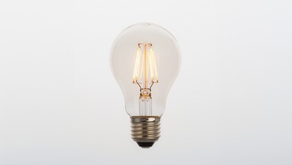 Vintage style clear led filament bulb glowing on white background
