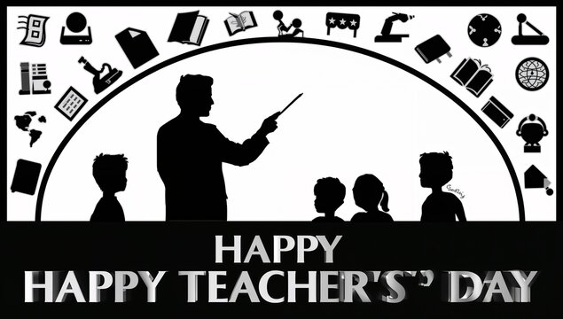 Teacher with students, education icons for learning, knowledge