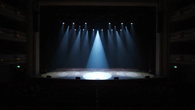 Empty theater stage, lit by spotlights, faces rows of red seats in a dark room