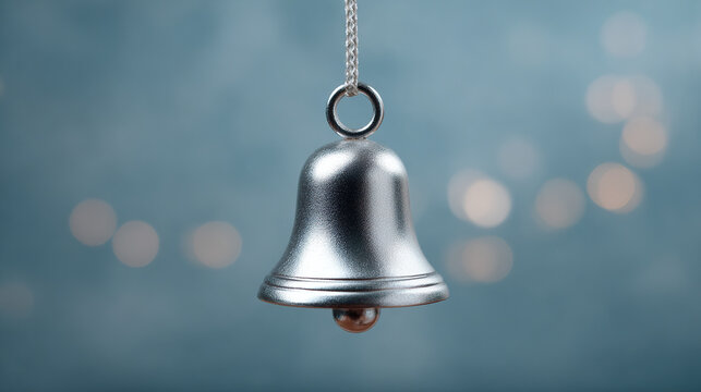 Silver bell on chain, against blue background with bokeh lights. Simple, classic holiday decor perfect for festive celebrations.