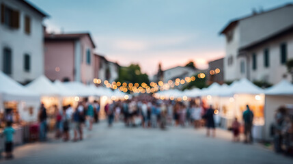 Blurred view of a bustling outdoor market at dusk, illuminated by string lights, creating a lively and festive atmosphere for an evening gathering.
