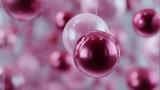 Animated pink and white balls hanging and swaying in motion. Festive ornament sequence floating gently for holiday decoration concept. video footage video footage
