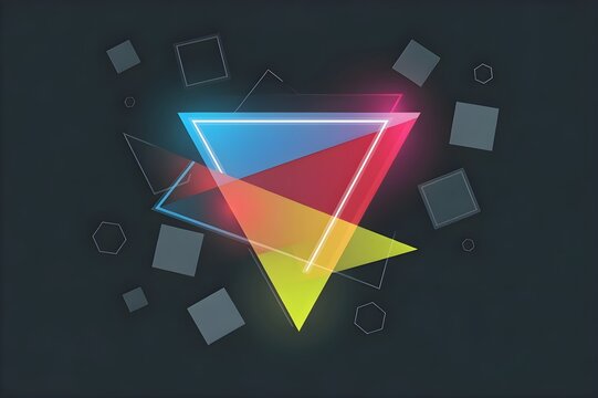 Radiant neon geometry forms a powerful triangle centerpiece surrounded by bold angular shapes that merge light, shadow, and vibrant futuristic abstract design elements.