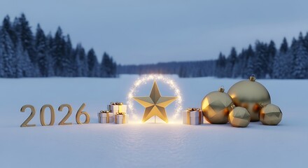 Golden star shines brightly amidst snow and gifts celebrating the year 2026