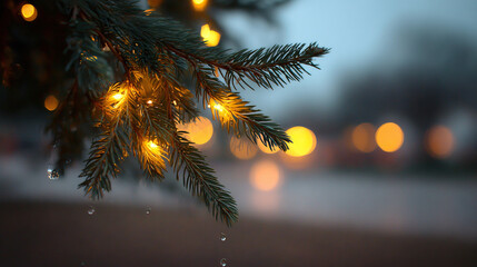 A pine branch glitters with fairy lights, water droplets clinging to its needles. The background glows with blurred lights adding to the charm.
