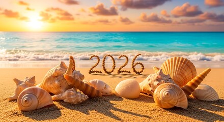 Sandy beach seashells with the year 2026 illuminated by a golden sunset