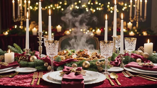 Elegant Christmas dinner table set with dishes and candles  