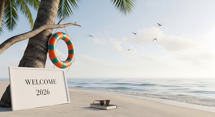 Tropical beach welcome sign with life ring and ocean view under sunny sky
