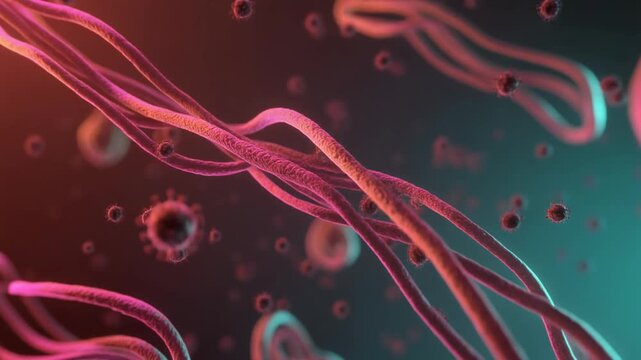 A microscopic cinematic render of a dangerous virus infection, featuring close-up details of spherical and filamentous enveloped viral particles - Powered by Adobe