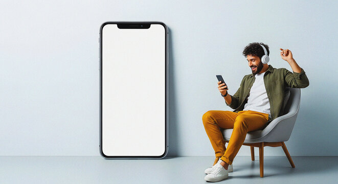 Excited Young Man Listening to Music with Headphones Next to a Giant Smartphone with Blank Screen Mockup - Powered by Adobe