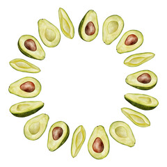Circle half avocado wreath. Watercolor fruit leaves and flowers illustration. Hand drawn botanical drawing. Green plant on isolated background for food, cosmetic packaging design, card, invitation.