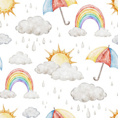 Children seamless pattern with umbrella, rainbows, sun, and fluffy rain clouds for fabrics, for kids goods,linen, pajamas. Watercolor hand drawn illustration.