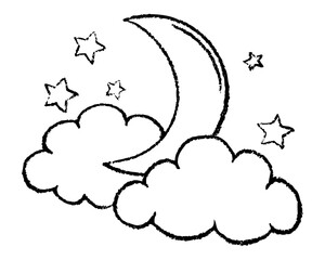 Simple Black Line Crescent moon, cumulus clouds and stars. Weather vector icon. Hand drawn by chalk. Outline doodle Illustration for kids goods,linen, pajamas and childrens room