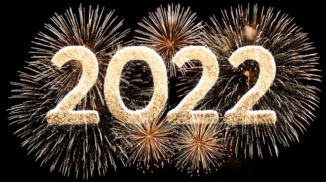 Golden sparkling numbers 2022 with festive fireworks exploding on a black background.