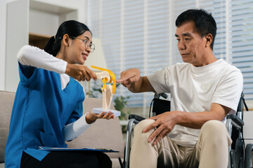 Knee model showing the process of osteoarthritis and knee arthroplasty, doctors explaining symptoms...