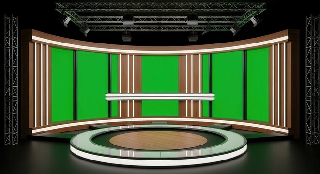 Modern television studio with green screen and circular stage for news or broadcast production
