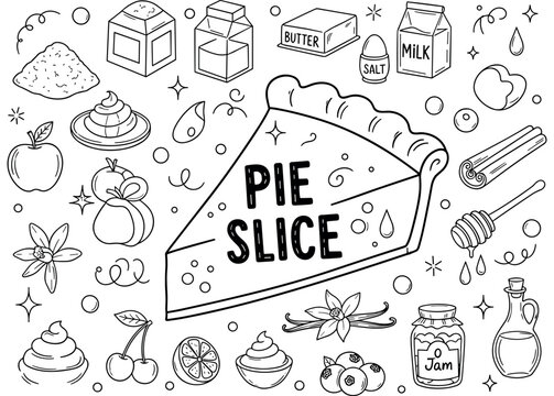 Hand-drawn pie slice illustration with ingredients and baking elements
