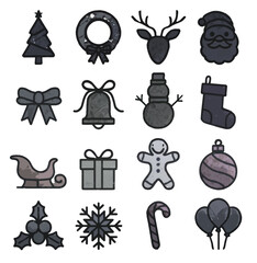 Set of dark vintage Christmas icons. Cartoon illustrator winter celebration set.