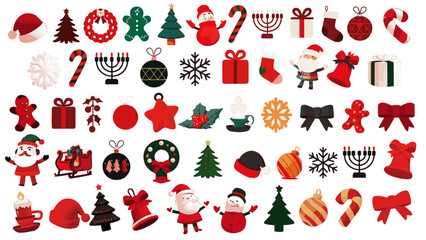 Set of vector red Christmas icons. Cartoon illustrator winter celebration set.