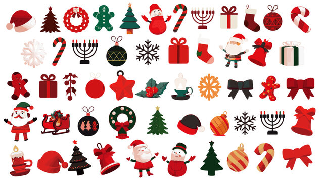 Set of vector red Christmas icons. Cartoon illustrator winter celebration set.