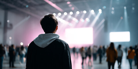 Fototapeta premium Young man standing in a large indoor event space with blurred crowd and bright stage lights in the background