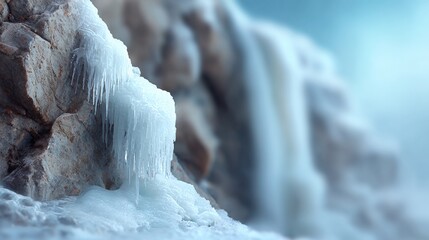 Frozen Majesty: Icicles cling to rugged cliffs in a mesmerizing winter landscape, showcasing nature's artistry at its coldest. 128/130