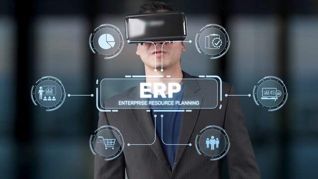 A businessman engages with virtual reality technology to explore enterprise resource planning concepts, visualizing crucial business data in a modern office setting. Raster - Powered by Adobe