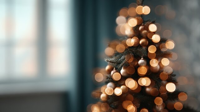 Festive Christmas tree aglow with warm, blurred lights & ornaments, casting a cozy holiday ambiance by a blurred window. Celebrate the season!