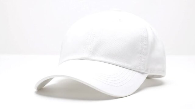 Plain, white baseball cap on a solid, neutral background