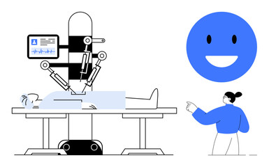 Robotic arms operate on a patient while monitored by a medical professional, accompanied by a smiling face. Ideal for innovation, healthcare, technology, precision, teamwork, improvement, progress