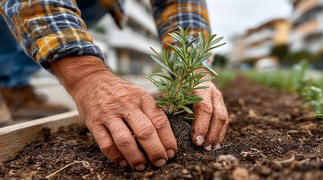 Close-up of hands gently planting a small tree in urban garden soil - Powered by Adobe