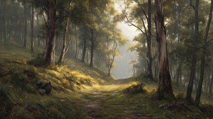 Obraz premium Forest clearing in an ancient woodland illuminated by soft golden light