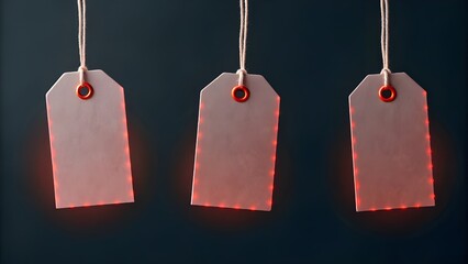 Floating Price Tags In Mid‑Air With Numbers Glowing Electric Red Over A Dark Background, Representing Modern Retail Energy, Digital Commerce, And Dynamic Sale Promotion Concept