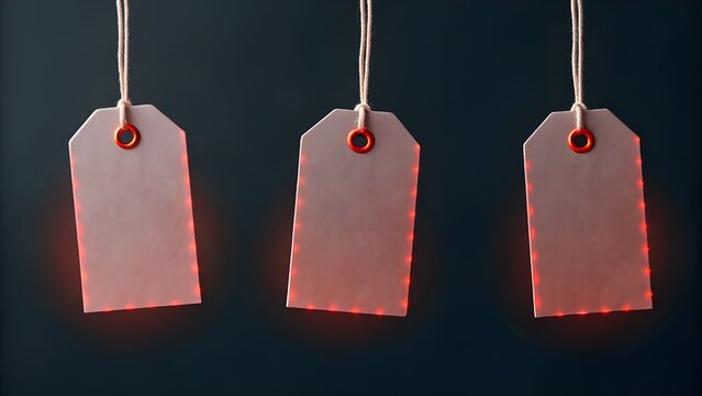 Floating Price Tags In Mid‑Air With Numbers Glowing Electric Red Over A Dark Background, Representing Modern Retail Energy, Digital Commerce, And Dynamic Sale Promotion Concept