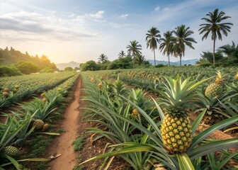 Obraz premium Expansive tropical pineapple plantation stretching towards the horizon under a golden sunset sky with palm trees