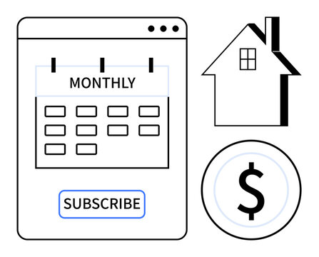 Calendar labeled Monthly, house outline, and dollar symbol suggest subscription, budgeting, real estate payments. Ideal for finance, housing, planning, subscriptions economy investment simple flat