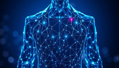 Blue Digital Human Body Network with Glowing Pink Node blue light glowing lines