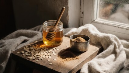 Honey, oats, and spice on a rustic wooden board near a window. Sunlight highlights the honey and ingredients