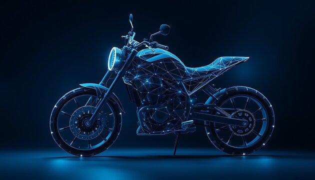 Digital Wireframe Motorcycle with Blue Neon Glow on Dark Background bike futuristic - Powered by Adobe