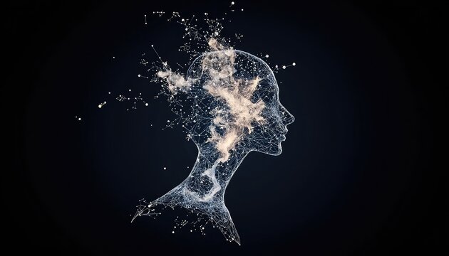 A profile of a human head formed by a network of glowing dots and lines, with parts of it dissipating into light and smoke.