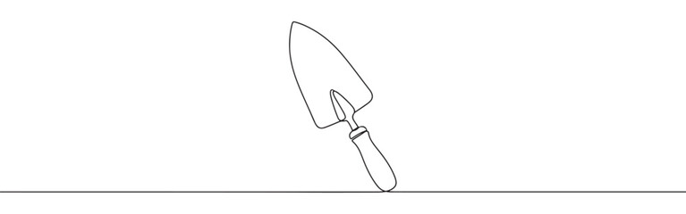 A continuous one-line drawing of a garden trowel, representing gardening, planting, and nature