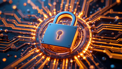 A metallic padlock stands out against a backdrop of interconnected circuits, representing digital security and data protection in the modern age of technological advancement