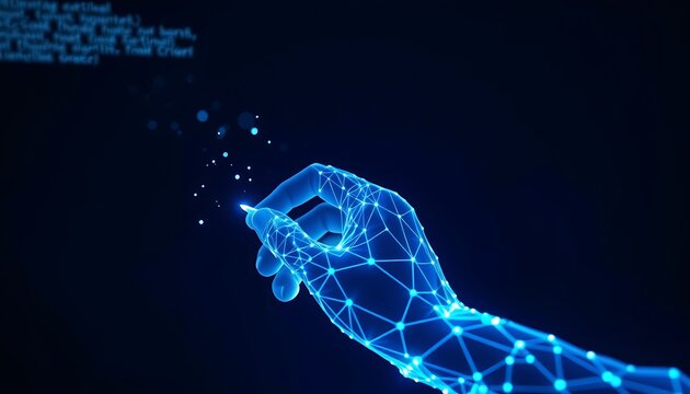 Blue digital hand holding a glowing stylus and interacting with code technology future