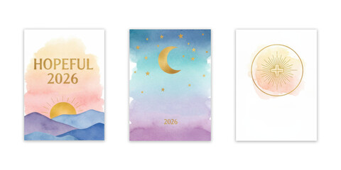 Celestial and natural themed panels for 2026 in watercolor and gold