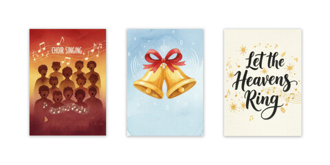 Festive triptych posters with choir singing, golden bells, and festive message