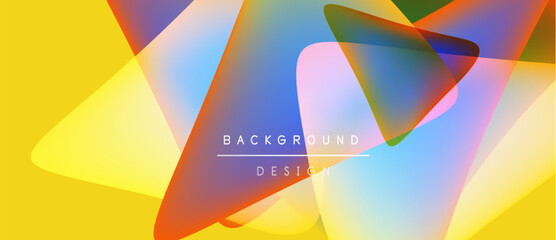 Abstract geometric shapes overlap, creating vibrant colorful background. Yellow dominates, with orange, blue, purple accents. Modern design element.