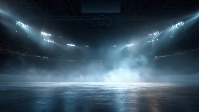 An empty ice arena is illuminated by bright lights, with fog or mist obscuring the details