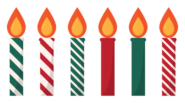 Vector set of candles with fire. Festive decoration for Christmas, Advent, Birthday, New Year, Festival. Simple vector illustration. Flat trendy style.