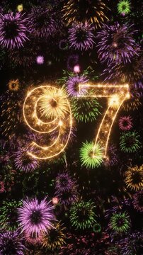Number 97 surrounded by fireworks. Festive video for birthday or anniversary party